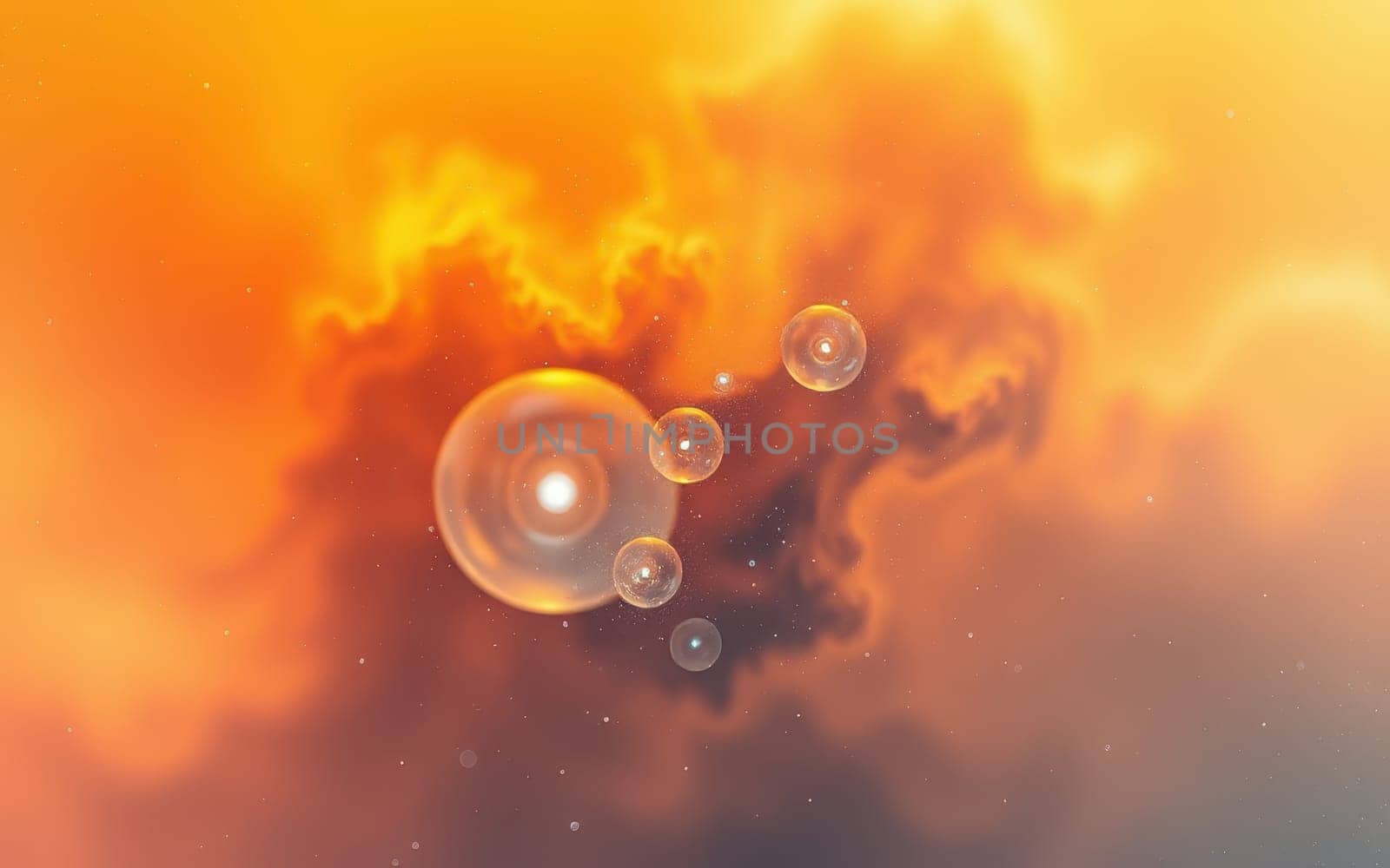 A mesmerizing display of glowing bubbles floating in an abstract landscape filled with warm sunset hues. The background features soft cloud formations and rich colors.