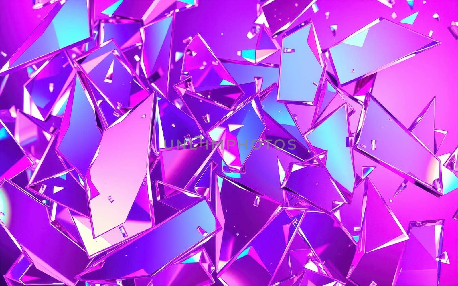 Shiny, angular shards of glass scatter across a colorful backdrop, showcasing vivid shades of purple and blue, creating a dynamic and engaging composition.