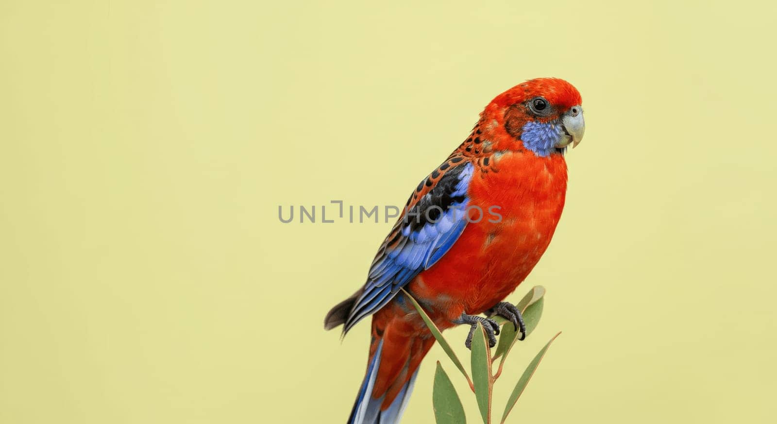 A striking red parrot with blue-tipped wings is perched on a branch with green leaves, set against a soft yellow background. the scene highlights the bird's vivid colors and intricate feather patterns.
