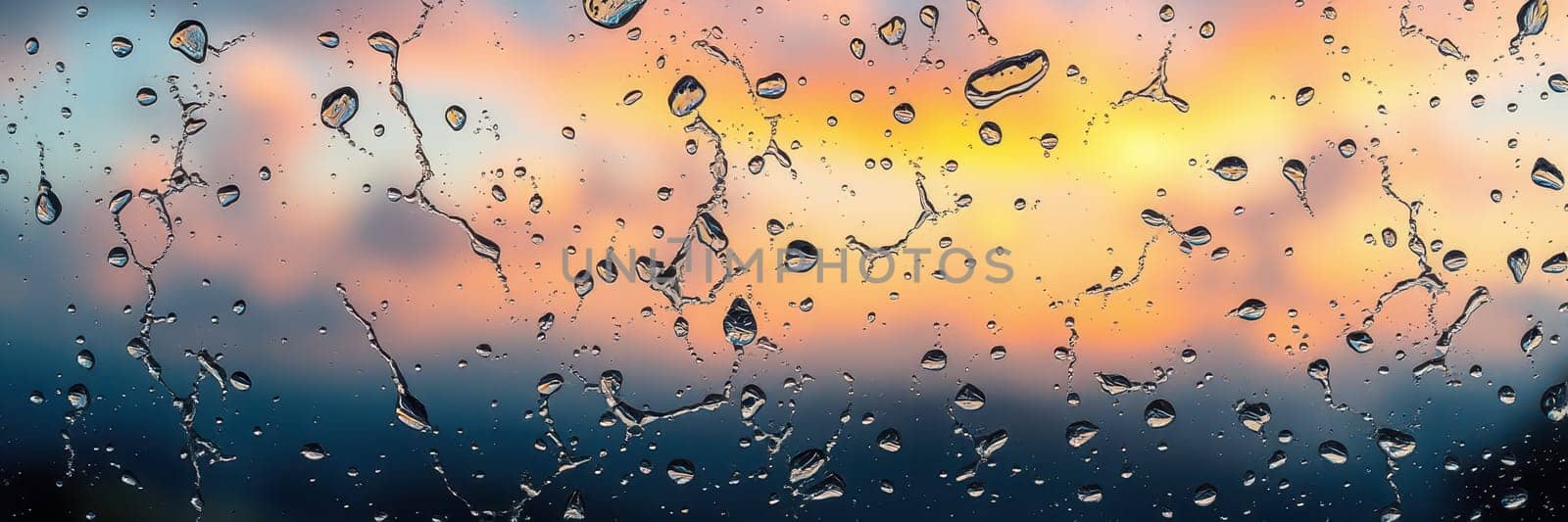 Raindrops cling to a window glass while the sun sets in the background, casting vibrant colors across the sky and creating a peaceful evening ambiance.