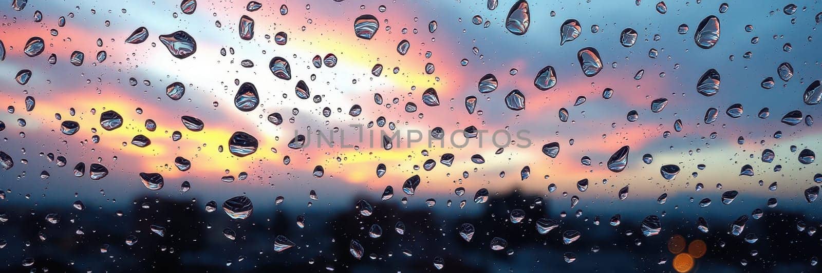 Raindrops cling to a windowpane, reflecting vibrant colors of a sunset in the background. The scene evokes a sense of calmness and tranquility during the evening hours.