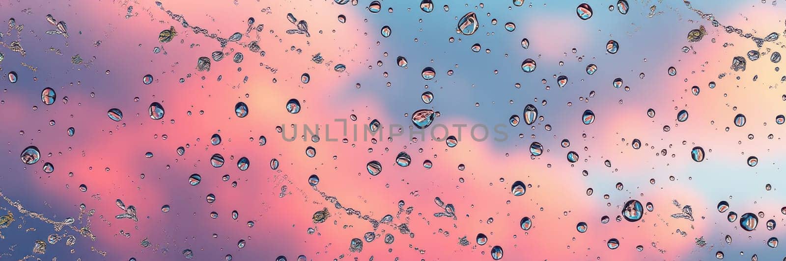 Raindrops cling to a surface, capturing the vivid colors of a sunset. Soft hues of pink and blue blend beautifully, creating a serene atmosphere.