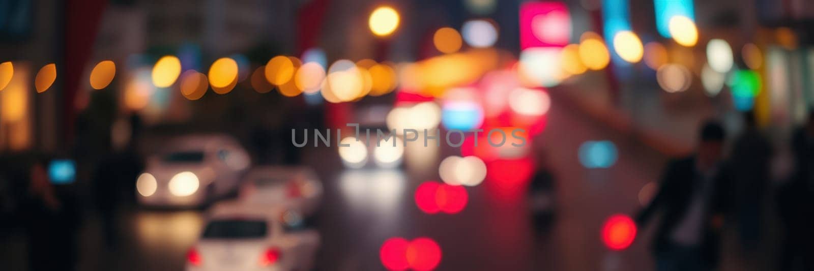 Vibrant city atmosphere showcases blurred lights and busy streets as vehicles and people navigate urban life during the nighttime. Energy and activity abound in this lively setting.