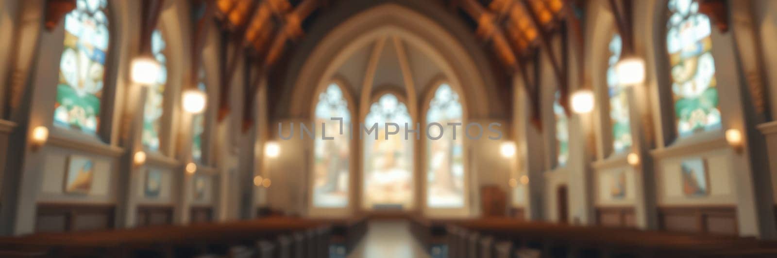Light streams through colorful stained glass windows in a historic church. Wooden beams and benches create a serene atmosphere, inviting reflection and peace.