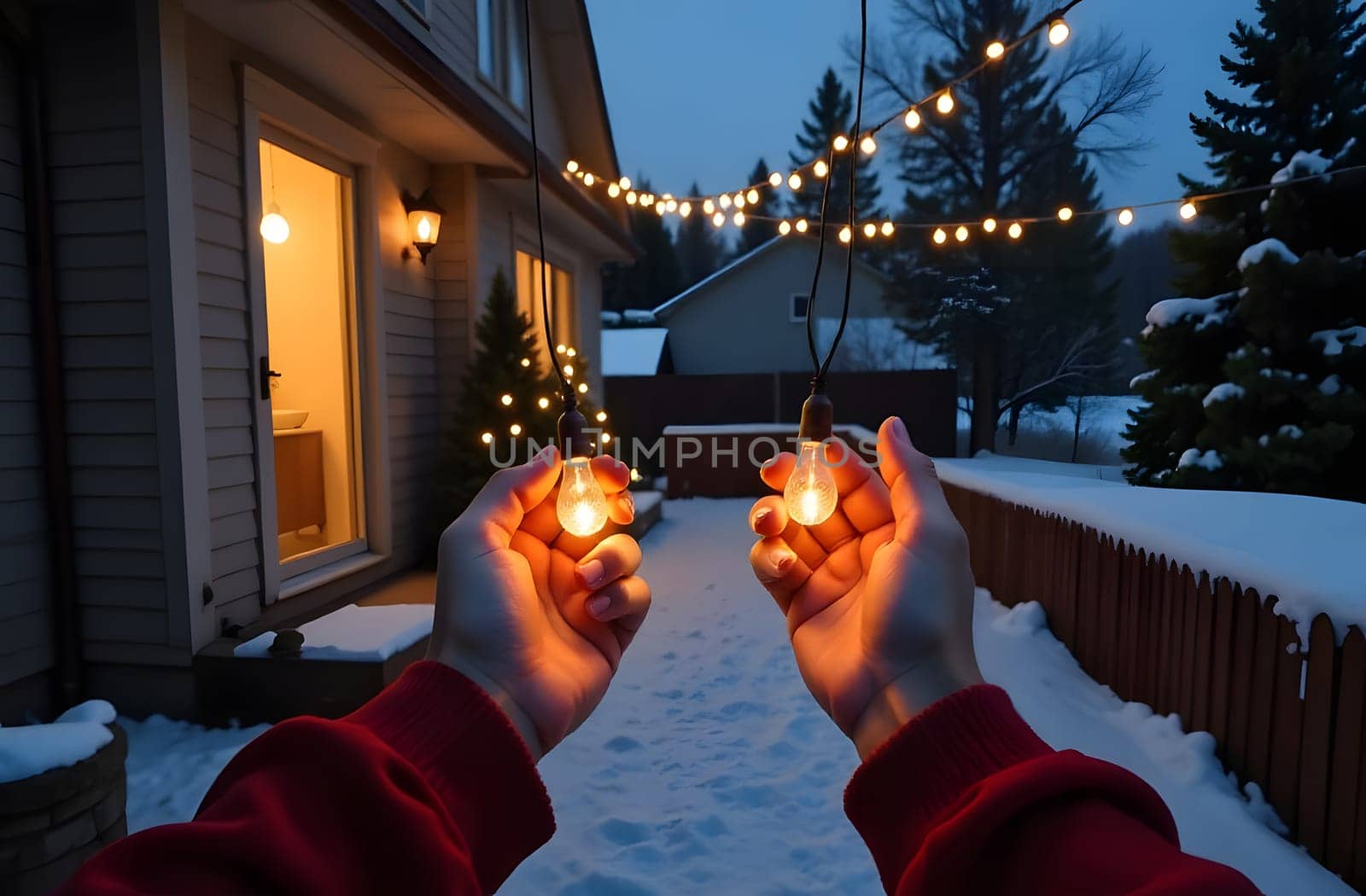 Hands carefully stringing Christmas lights outdoors, creating a festive and glowing holiday display in a winter setting. High quality photo