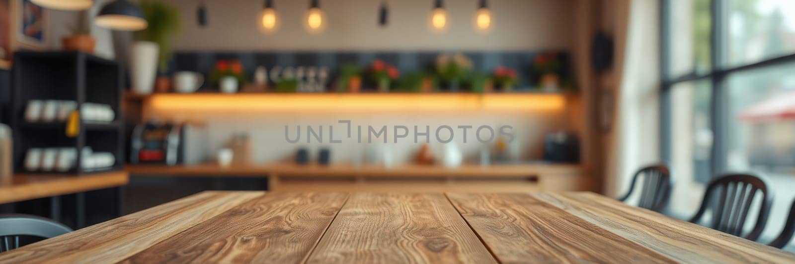 A spacious cafe showcases a beautifully crafted wooden table surrounded by black chairs. Bright lights hang above, illuminating the inviting space adorned with green plants.