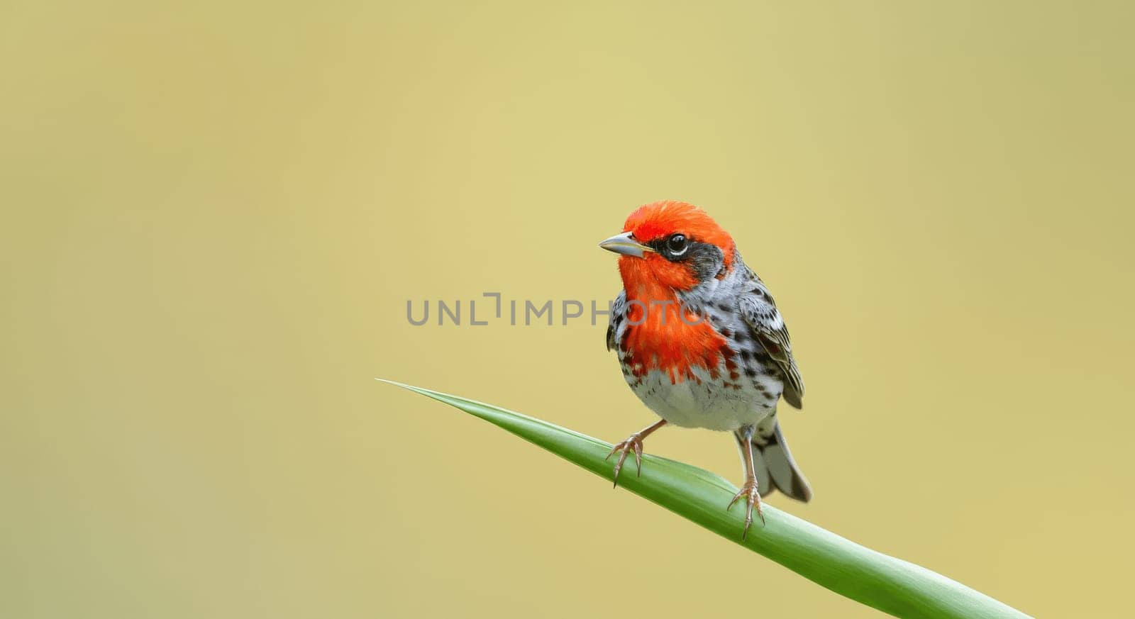 A striking finch with vibrant red and black plumage sits gracefully on a green leaf, set against a soft, neutral background. the image highlights the beauty and detail in avian wildlife, perfect for nature-themed projects.