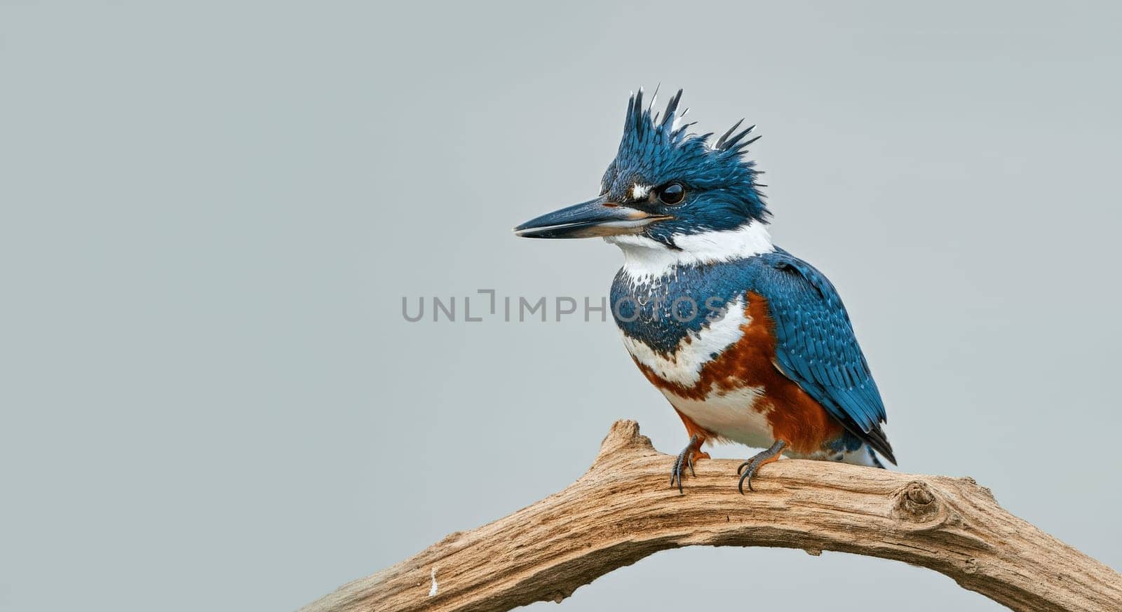 Kingfisher with striking blue, white, and rust plumage perches gracefully on a weathered branch against a neutral backdrop. the bird's vivid colors and distinctive crest are highlighted in this serene nature scene.