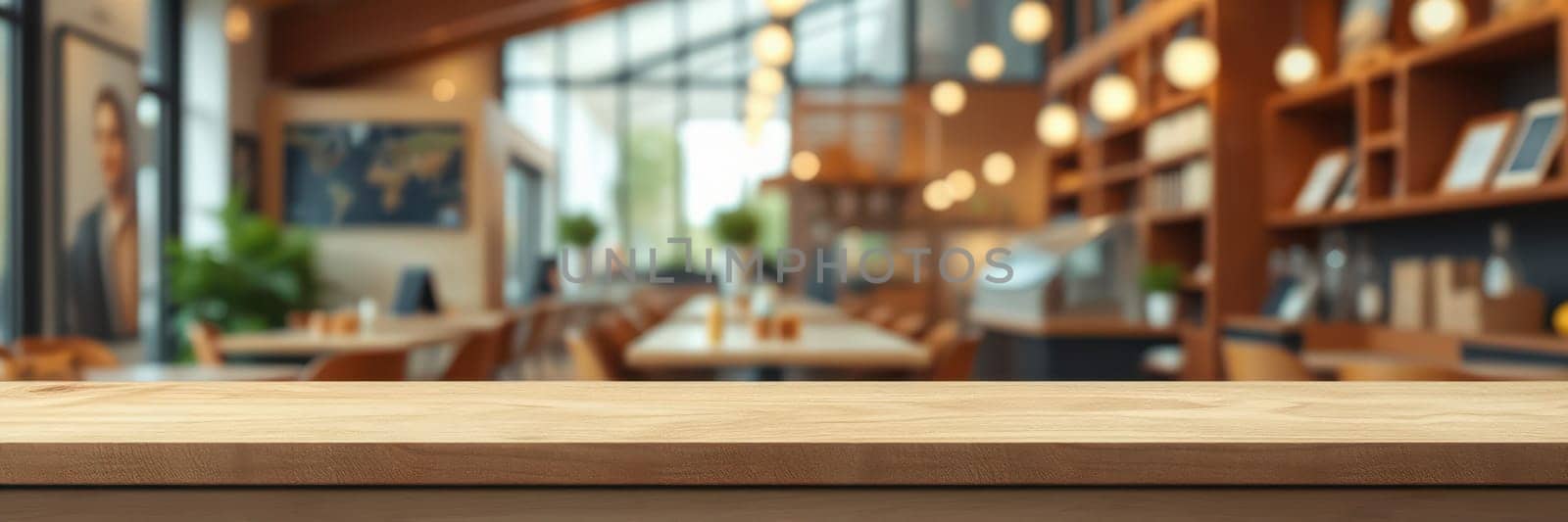 A spacious cafe showcases a blend of rustic wood and modern design, featuring tables and chairs set for patrons. Warm lighting enhances the inviting ambiance, perfect for relaxation and productivity.