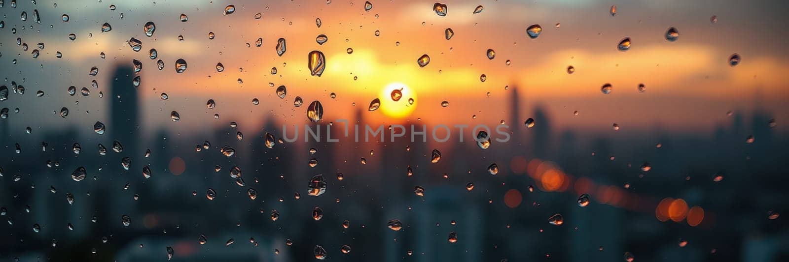 A vibrant sunset is reflected through droplets of rain on a window, showcasing a city skyline as warm hues illuminate the scene during a tranquil evening.