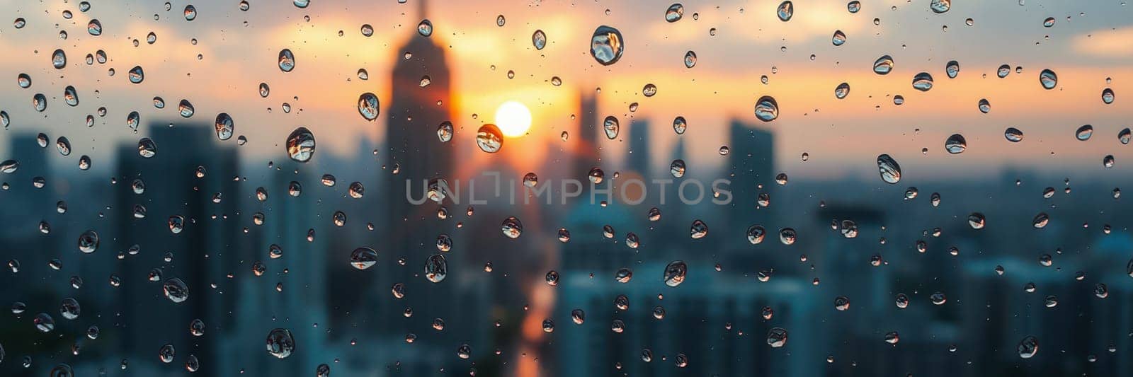 Rain droplets cover a window overlooking a city skyline at sunset. The warm colors of the setting sun contrast with the cool tones of the buildings, creating a serene atmosphere.