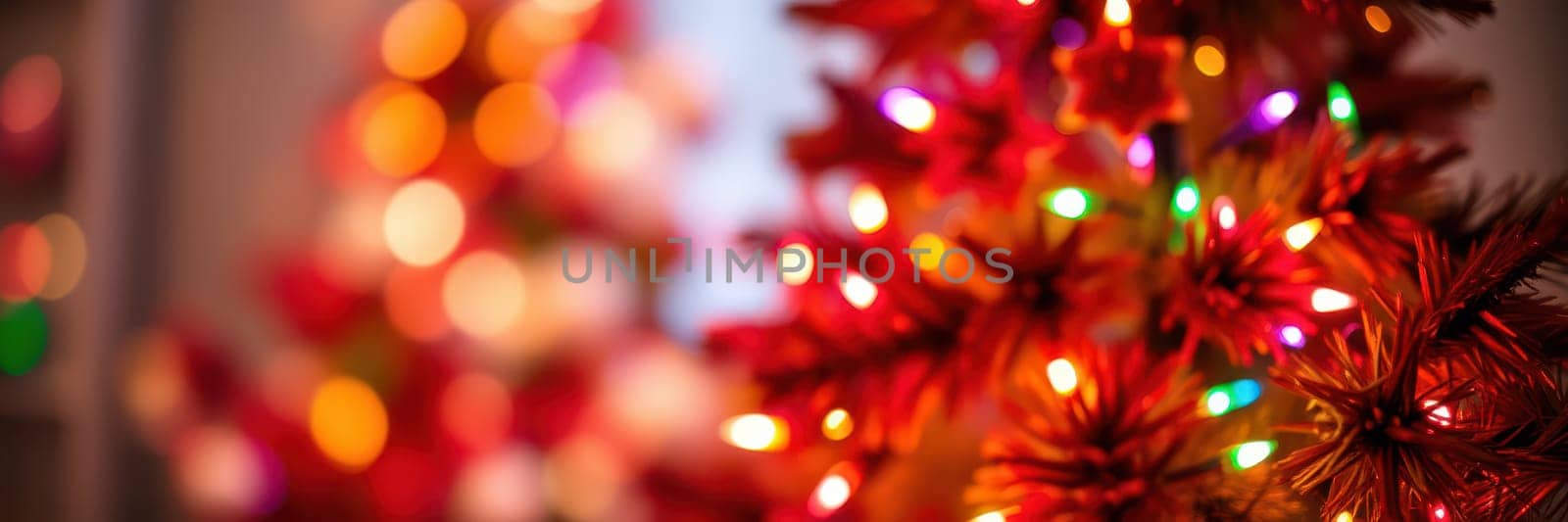Twinkling red and multicolored lights illuminate the room, enhancing the festive mood of the holiday season with decorated trees visible in the background.