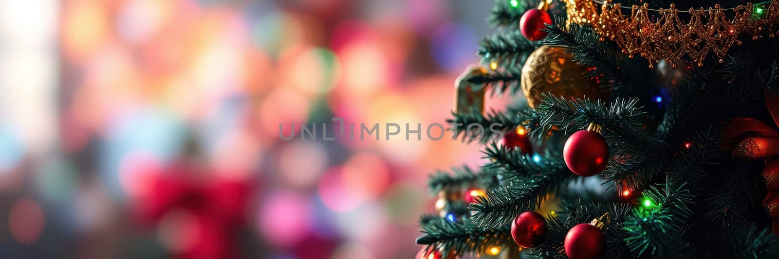 A beautifully decorated Christmas tree stands prominently, covered in vibrant ornaments and twinkling lights, creating a warm and inviting holiday atmosphere.