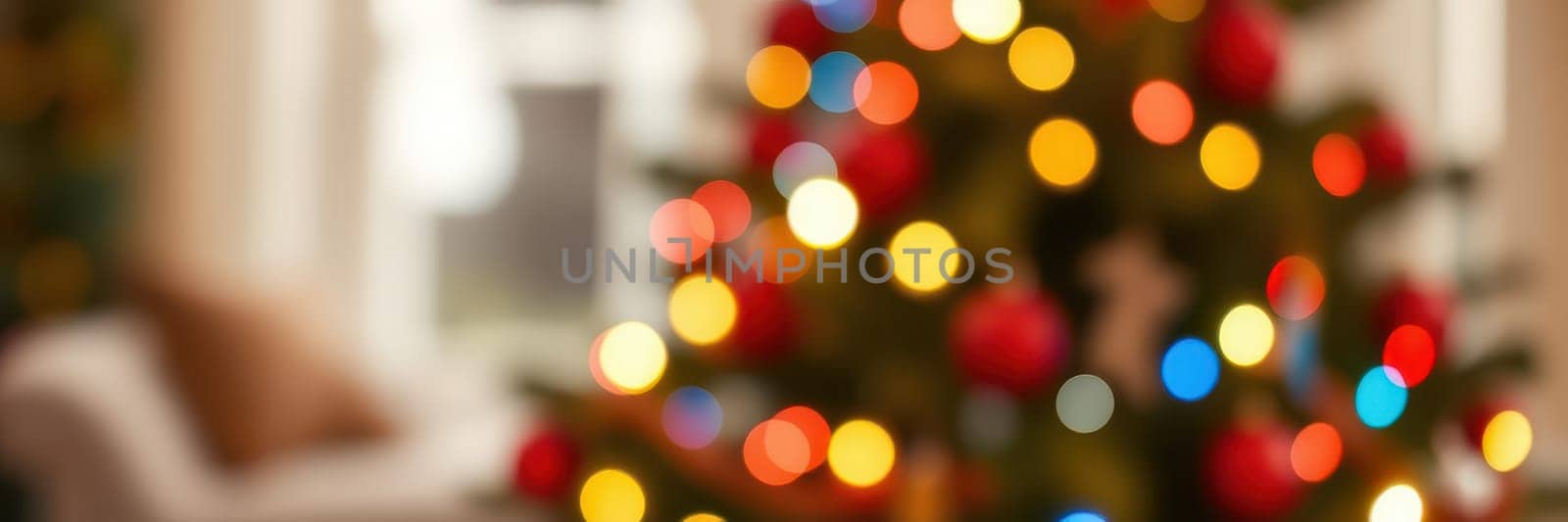 A beautifully decorated Christmas tree stands in a warm living room, twinkling with vibrant lights. The soft glow enhances the joyful holiday spirit, inviting celebration and warmth.