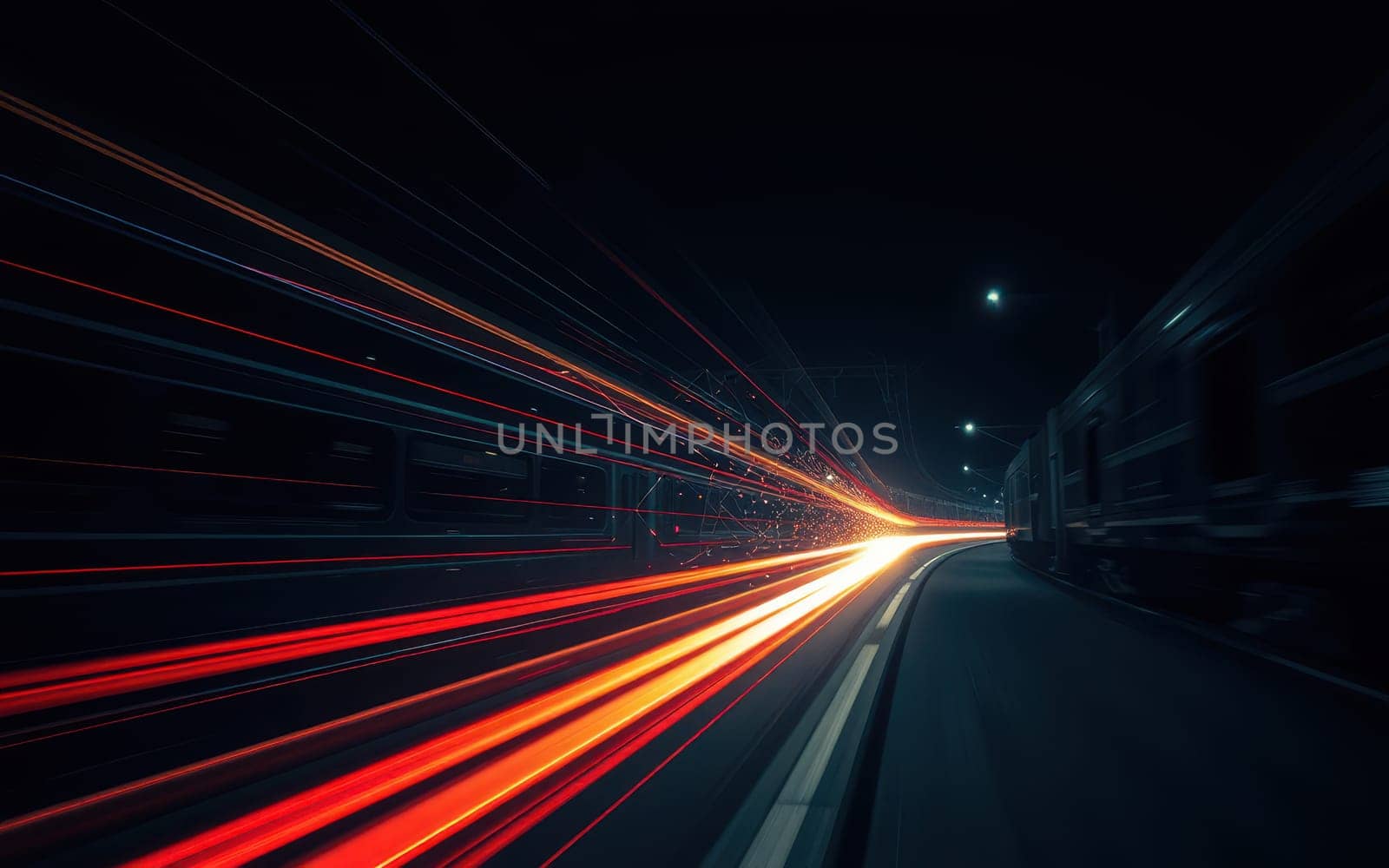 A train speeds past a dimly lit station during the night, leaving behind vivid streaks of light on the tracks. The atmosphere is electric and dynamic, capturing the essence of motion.