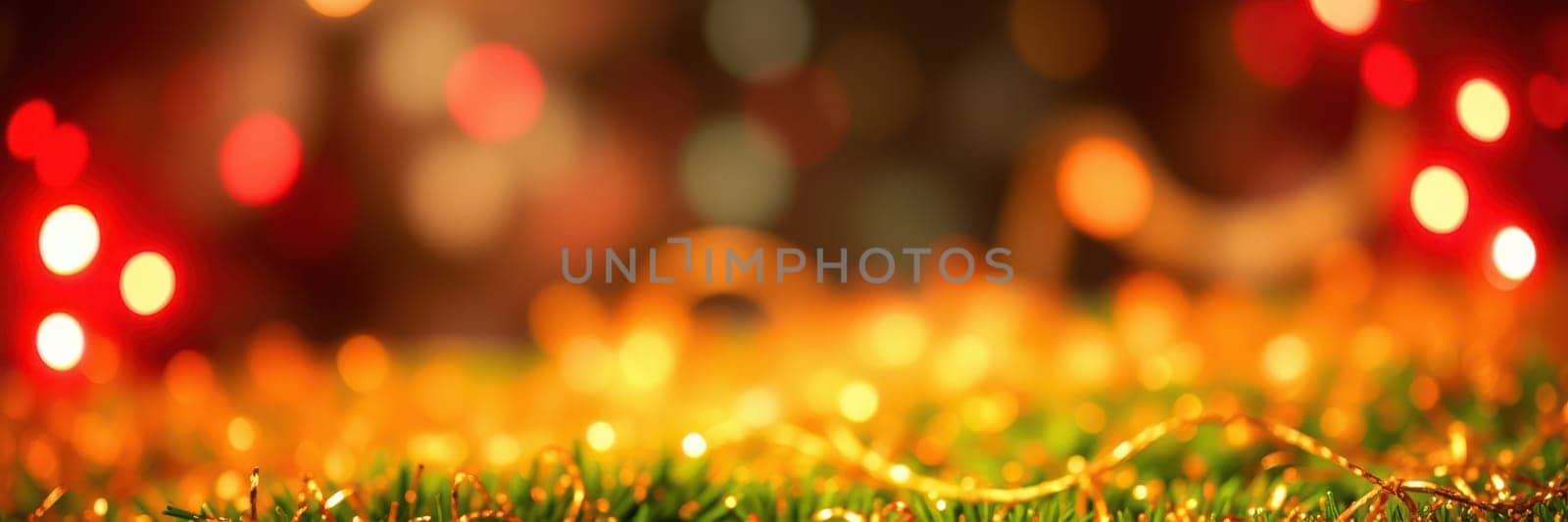 Soft glowing lights and golden decorations adorn a grassy surface, creating a warm and inviting ambiance ideal for celebrating the holiday season with loved ones and friends.