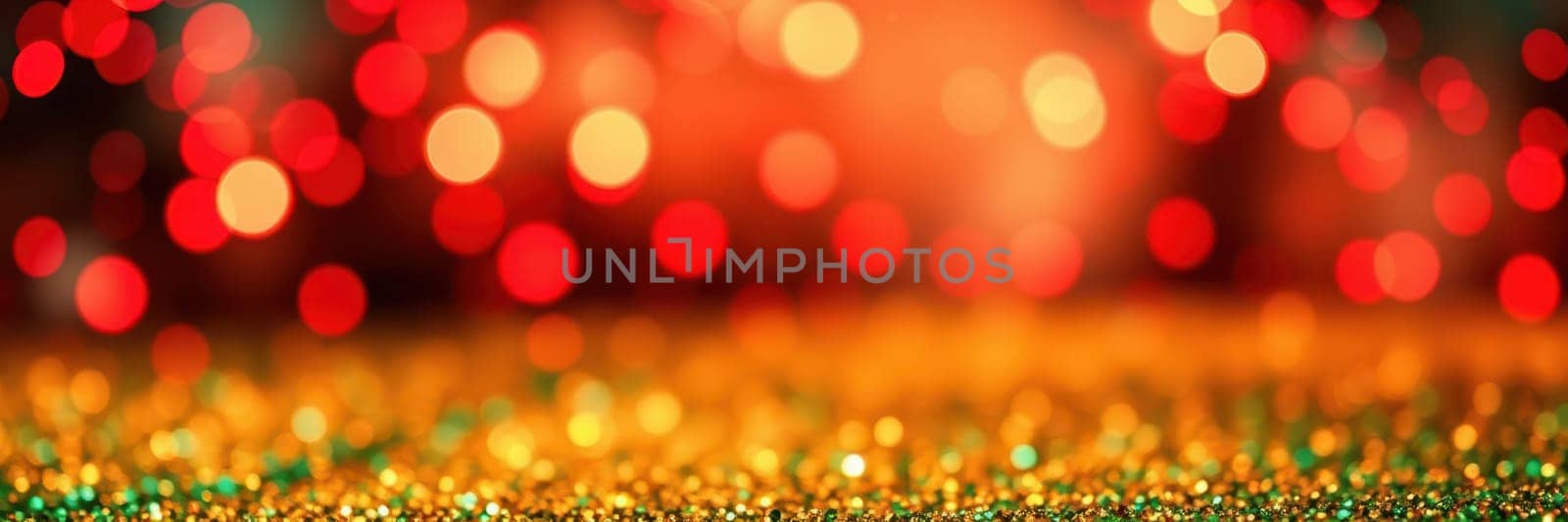 Colorful bokeh lights in red and gold create a lively ambiance, ideal for celebrations and parties, reflecting a joyful nighttime environment.