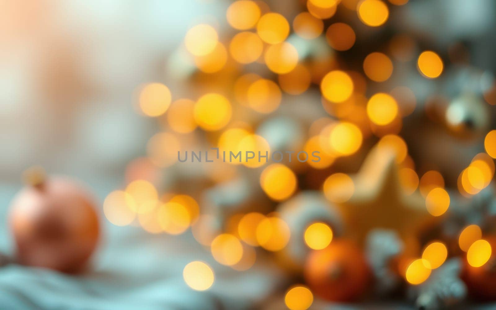 Warm golden lights create a cheerful ambiance around a beautifully decorated Christmas tree. The scene evokes feelings of joy and festive spirit during the holiday season.