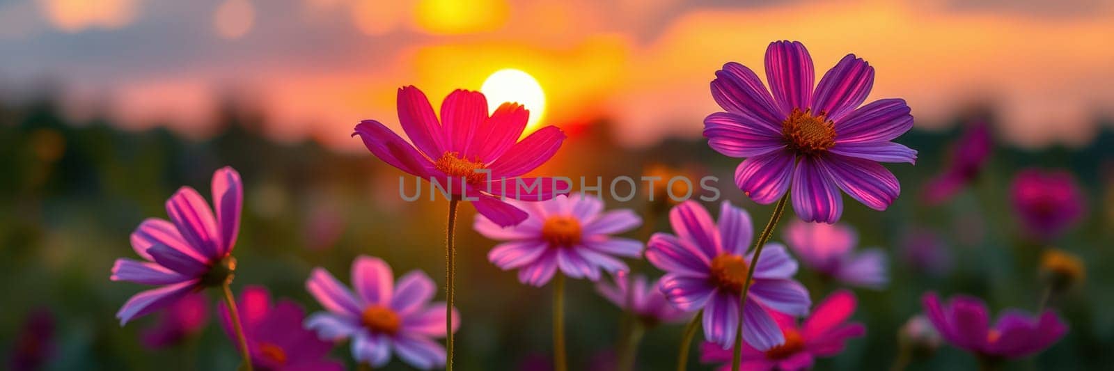 Colorful wildflowers sway gently in the breeze as a stunning sunset paints the sky with hues of orange and purple. The tranquil countryside provides a perfect backdrop for this moment.