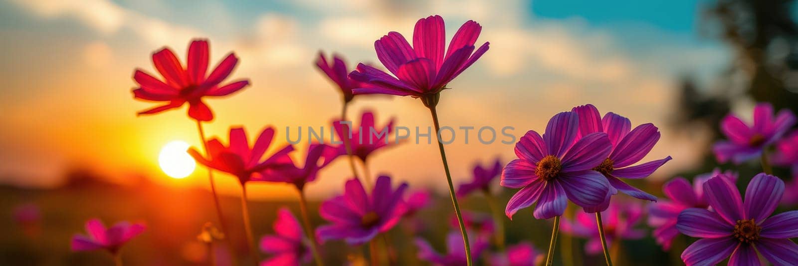 A field is filled with vibrant pink flowers as the sun sets, painting the sky in warm hues. The blossoms sway gently in the breeze, creating a beautiful natural landscape.