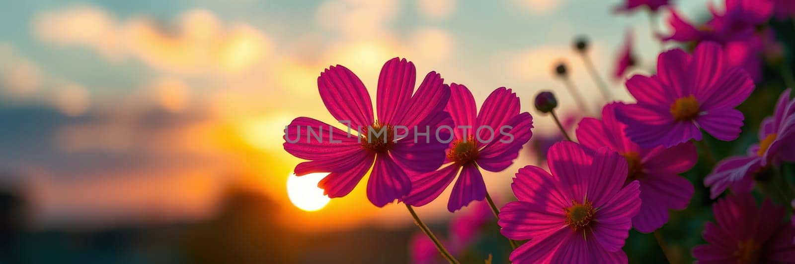 Vibrant pink flowers capture the light of a stunning sunset, creating a beautiful contrast against the colorful sky. The garden setting feels peaceful and inviting.