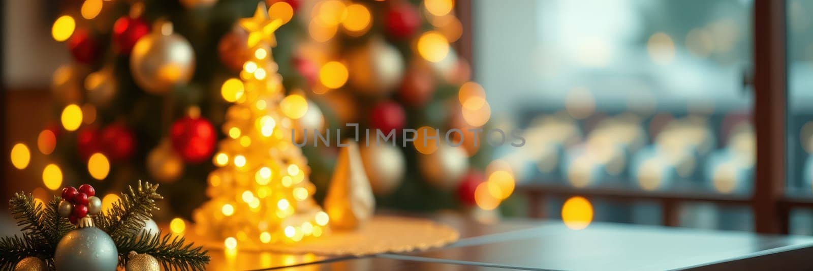 A beautifully set table is adorned with holiday decorations, including pinecones and candles, while a vibrant Christmas tree glows in the background, creating a warm atmosphere.