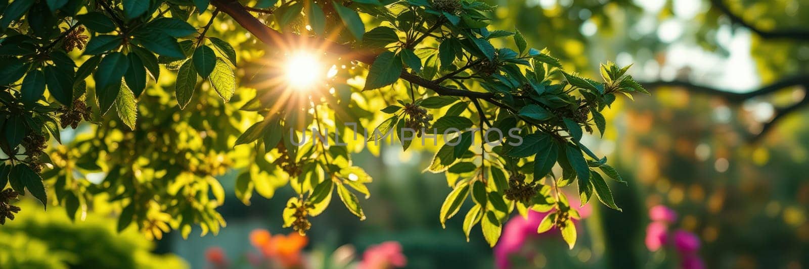 Sunlight streams through the dense foliage of a tree, casting a warm glow on colorful flowers in a serene garden during the late afternoon hours.