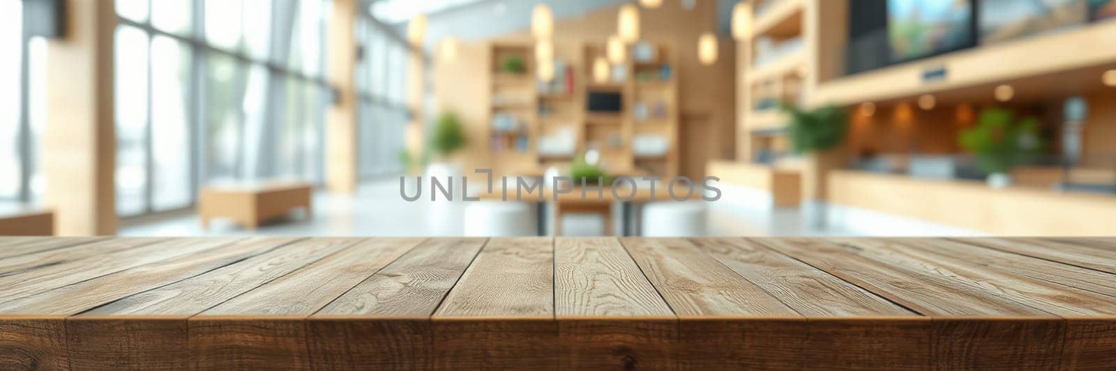 A wooden table is set in a contemporary cafe featuring large windows that let in plenty of sunlight. The interior includes stylish furnishings and decor, creating an inviting atmosphere for customers.