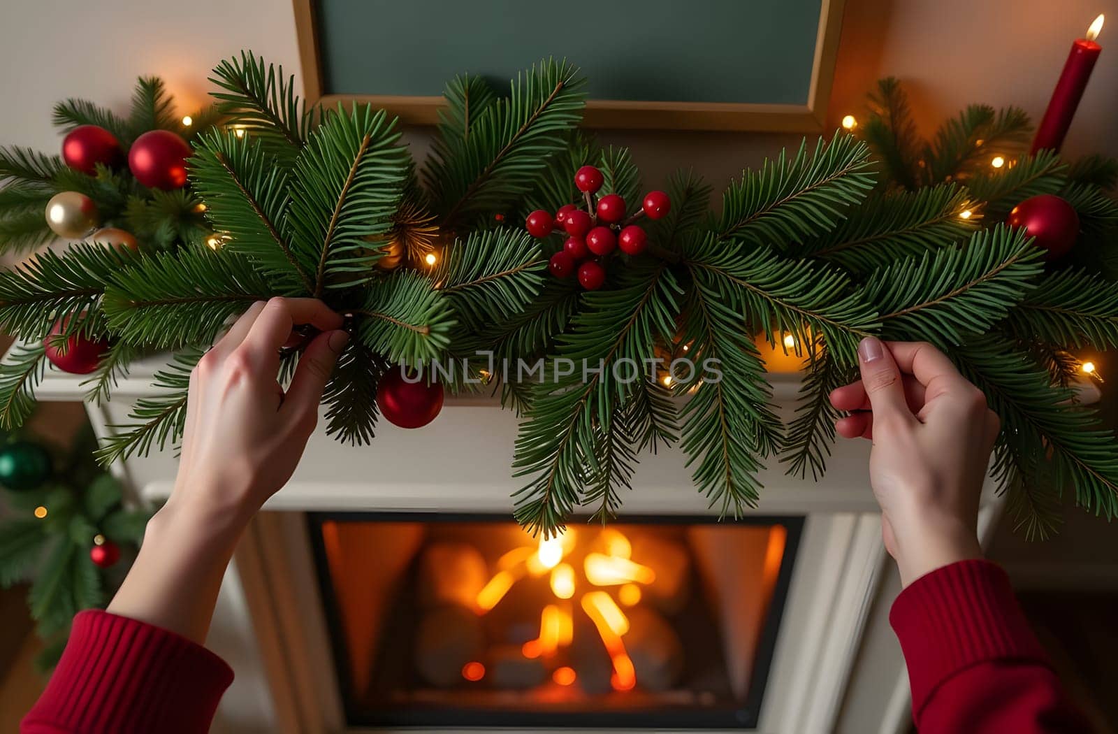 A first-person view of decorating a fireplace with pine branches and garlands, creating a festive and cozy holiday ambiance. High quality photo