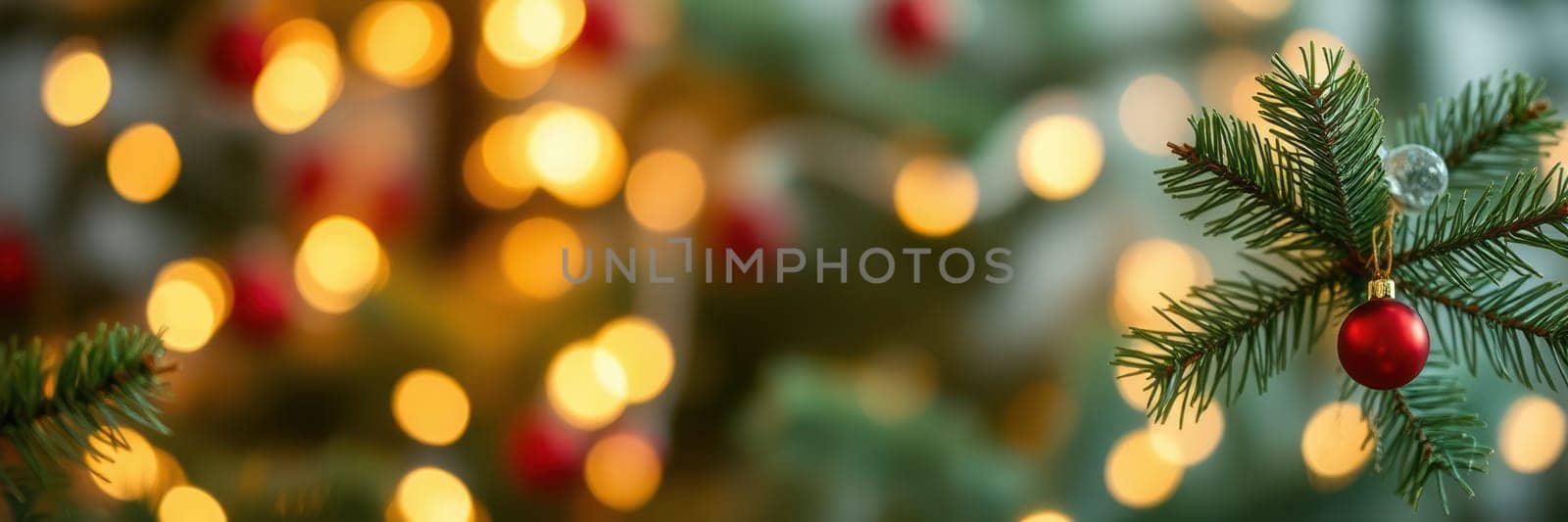 Sparkling lights and colorful ornaments bring life to a Christmas tree. Red baubles hang from green branches, creating a warm and joyful atmosphere perfect for the holidays.