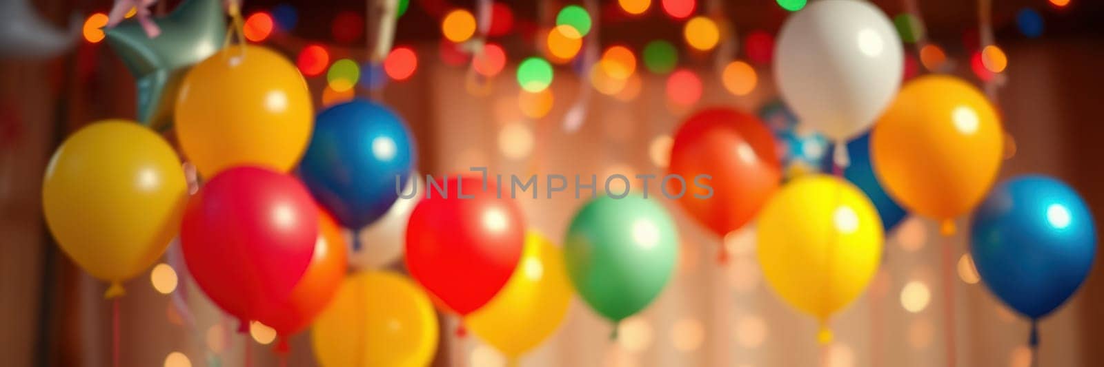 Vibrant balloons in various colors are hanging against a softly lit backdrop filled with twinkling lights, creating a festive atmosphere perfect for a celebration.