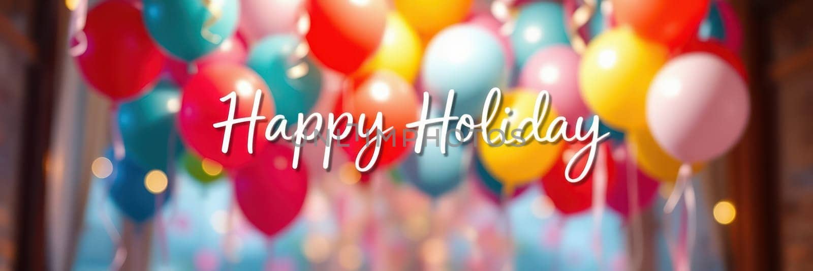 A festive walkway is filled with colorful balloons, creating a cheerful ambiance for the holiday celebrations. The scene is bright and inviting, enhancing the joyful spirit.