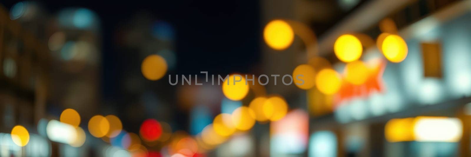 A bustling city street comes alive at night, illuminated by warm street lamps and distant neon lights, creating a lively yet blurred atmosphere filled with movement.
