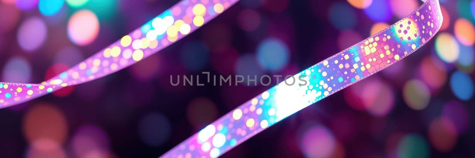 A vibrant bokeh background displays colorful lights flowing around a shimmering ribbon, creating a cheerful and festive mood, perfect for celebrations or events.