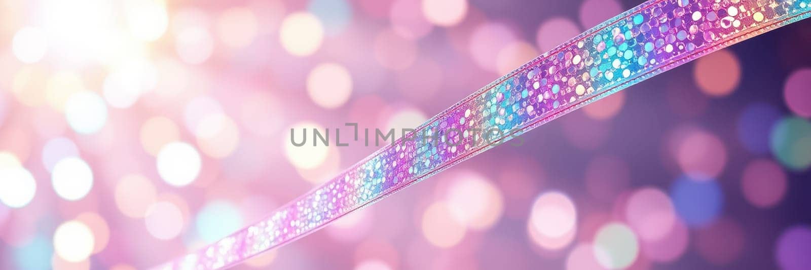 A vibrant ribbon adorned with sparkling sequins is featured against a dreamy bokeh background. The soft light enhances the festive atmosphere, creating a joyful ambiance.