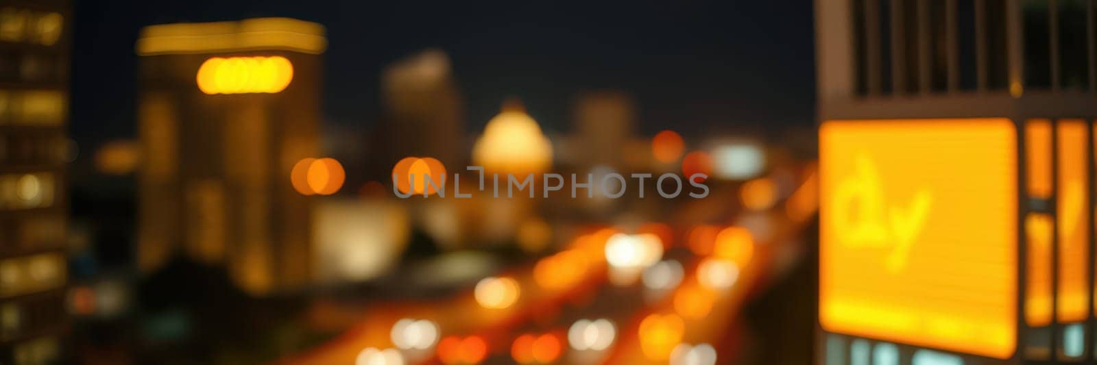 A vibrant city at night illuminates with glowing buildings and the movement of traffic. Warm lights reflect on the streets, creating a lively atmosphere.