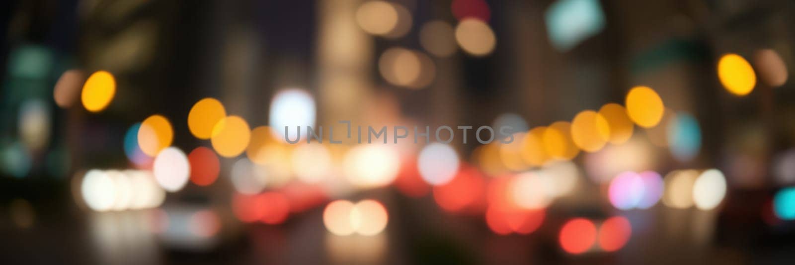 Colorful lights illuminate the bustling city streets at night, with blurred movements of vehicles and pedestrians creating a dynamic urban scene filled with energy.