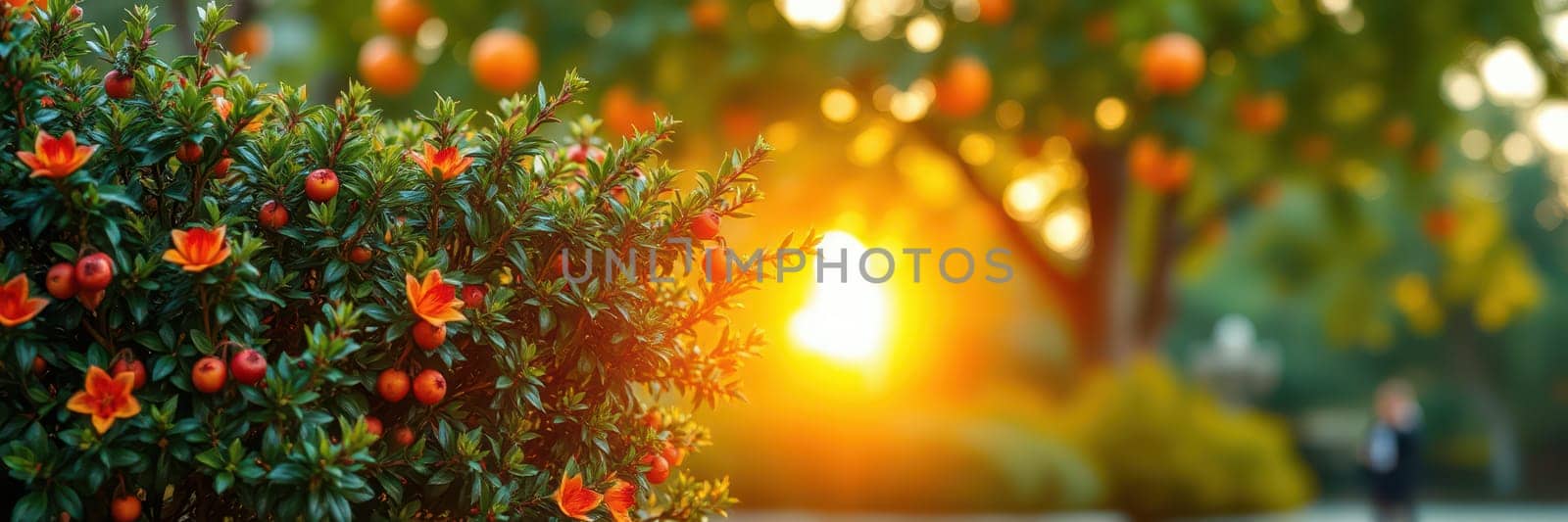 Vibrant orange blossoms and lush greenery fill the garden as the sun sets, casting a warm golden hue and creating a peaceful atmosphere for relaxation.