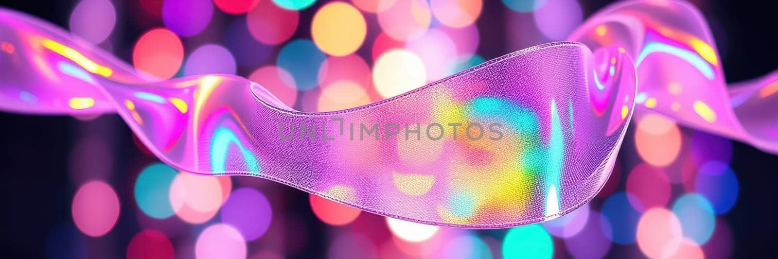A translucent ribbon dances in the foreground, illuminated by bright bokeh lights in various colors. The setting conveys a joyful and festive spirit, perfect for celebration.