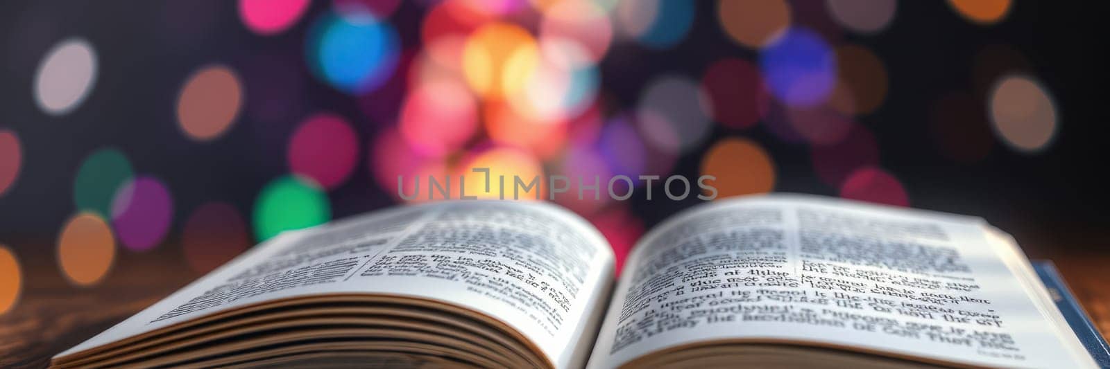 An open book rests on a wooden table, its pages revealed. In the background, colorful bokeh lights create a soft, inviting atmosphere during the evening hours.