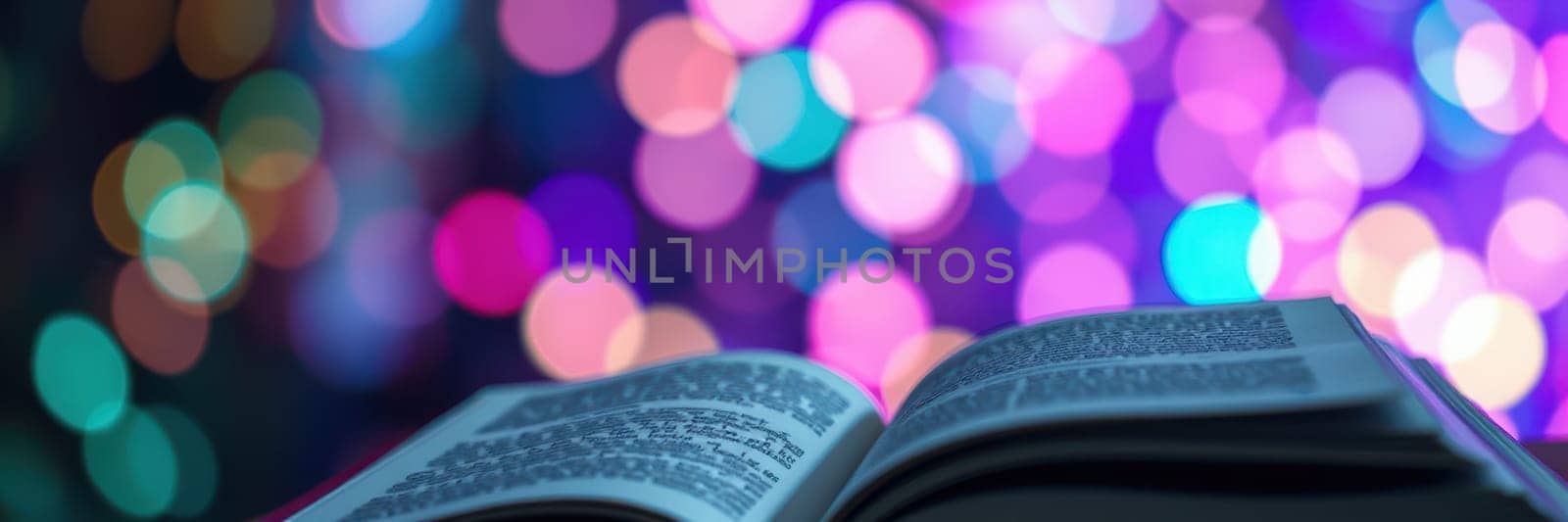 An open book is placed on a surface, with bright, colorful bokeh lights shimmering in the background, creating a cozy atmosphere during the evening.