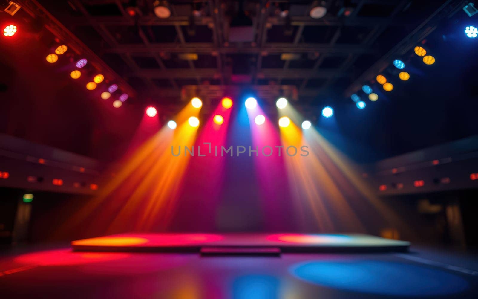Brightly colored lights shine down on a stage, creating a dynamic atmosphere for a performance. The colorful beams enhance the excitement of the upcoming event.