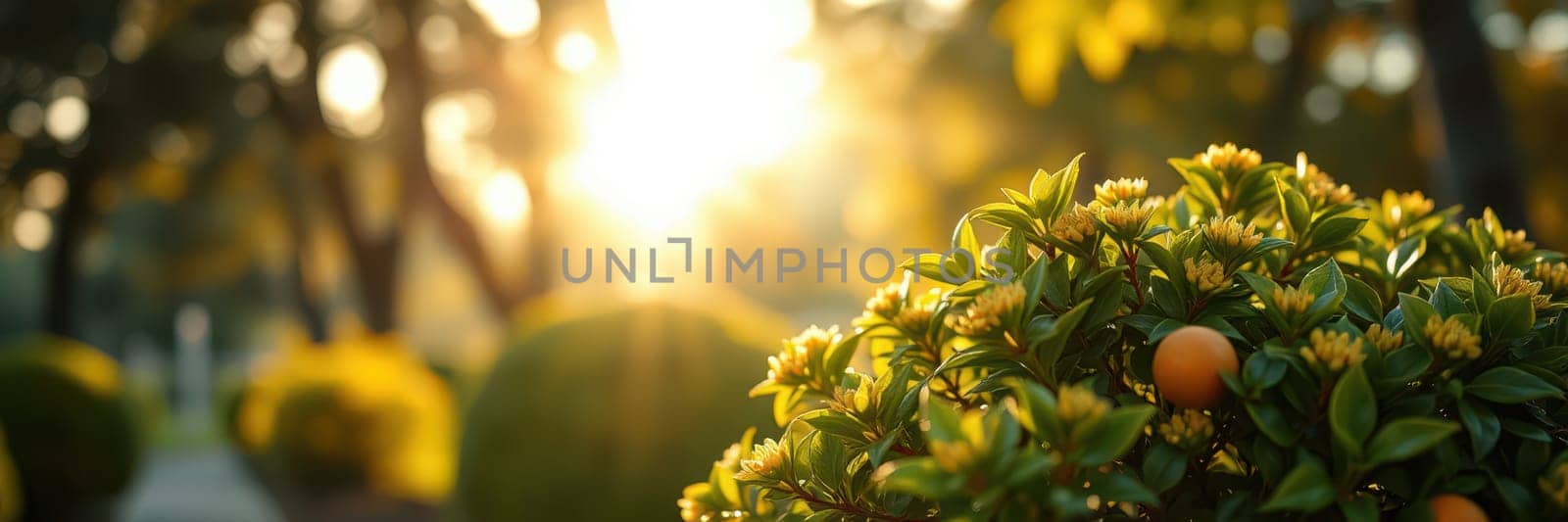 Soft sunlight streams through trees, casting a warm glow on blooming flowers and lush greenery in a tranquil garden during the late afternoon.