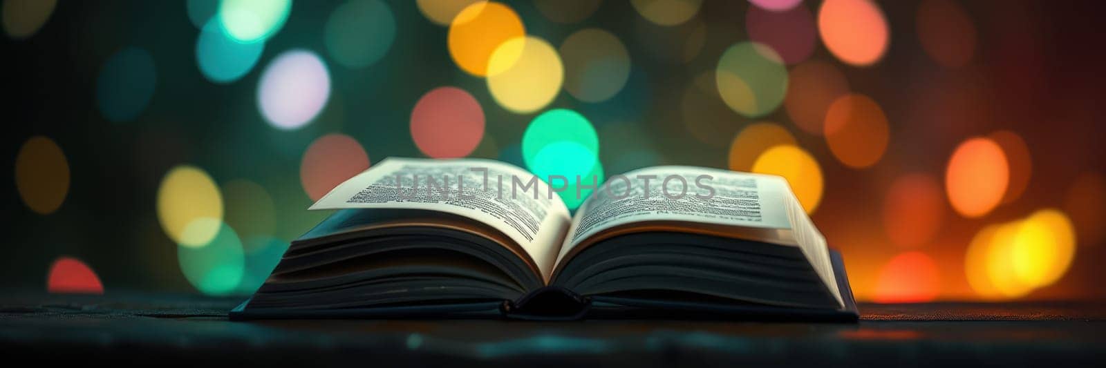 An open book lies on a wooden table, its pages softly illuminated by warm, colorful bokeh lights in the background, creating a tranquil and inviting setting for reading.
