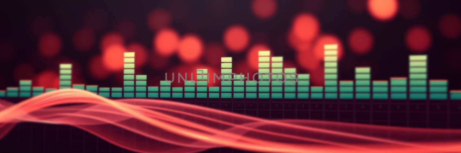 A vibrant soundwave visualization showcases a series of colorful bars in various heights against a dark background. Dynamic waves flow below, creating an energetic atmosphere.