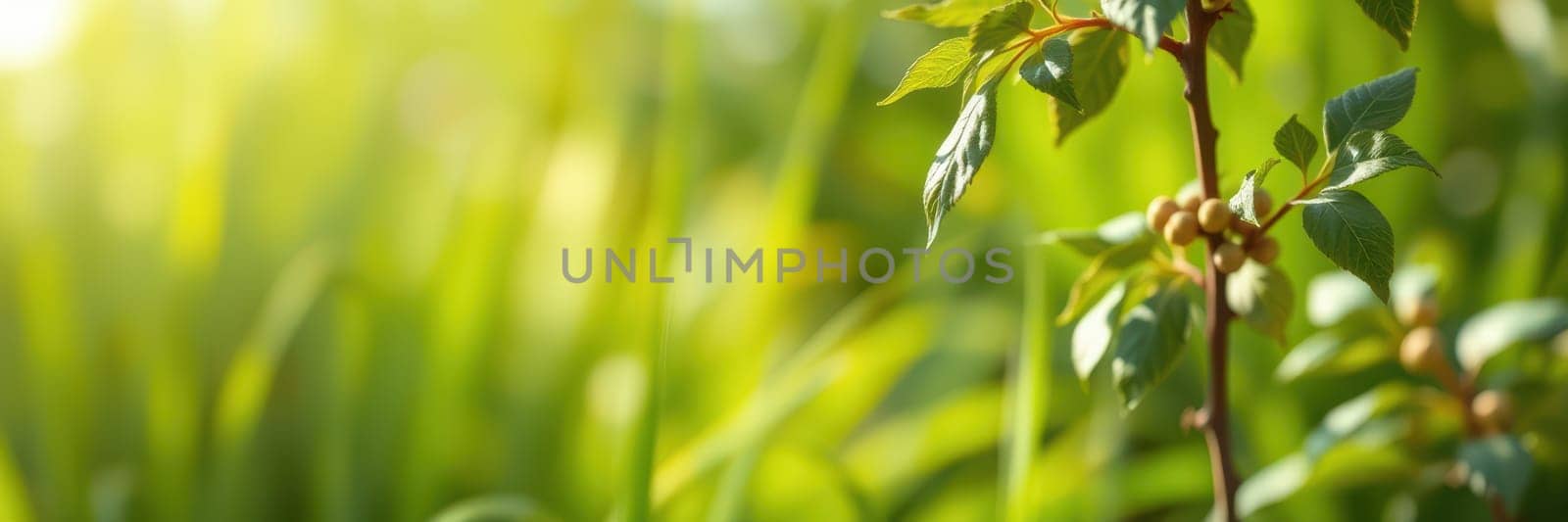 Sunlight filters through a garden, highlighting a small tree with budding leaves and fruits. The lush green background adds a serene atmosphere, capturing the essence of a peaceful morning.