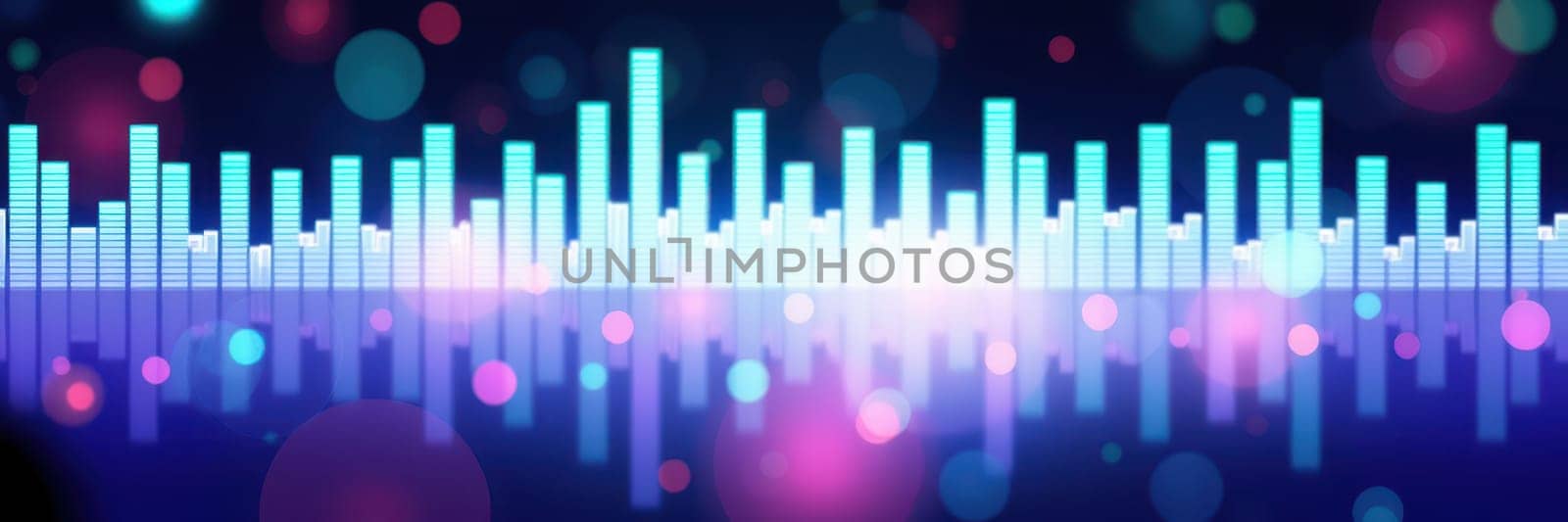 Vibrant digital representation of an audio waveform, illuminated in shades of blue, purple, and pink against a black backdrop that reflects the colorful bars below.
