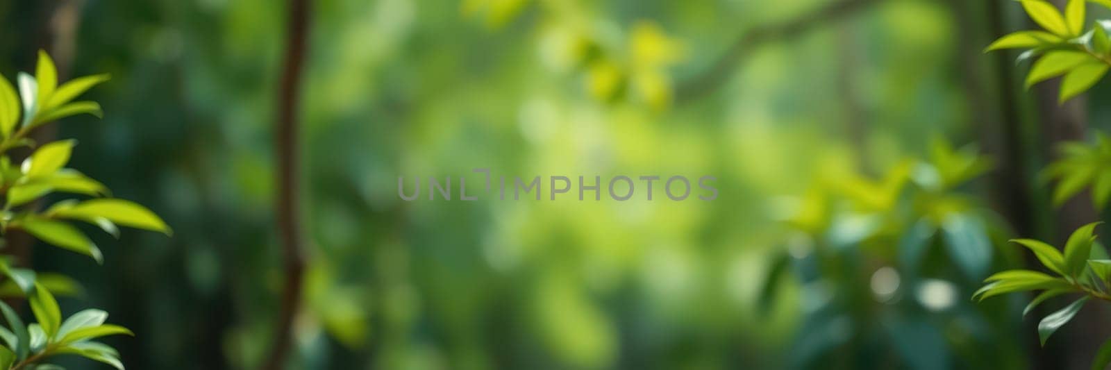 Sunlight filters through the trees, illuminating vibrant green leaves in a peaceful forest. The fresh atmosphere invites relaxation and connection with nature.