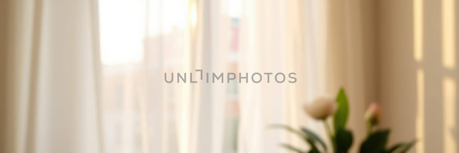 Gentle sunlight streams through delicate curtains, creating a warm ambiance in a cozy room filled with greenery and inviting decor, perfect for relaxation.