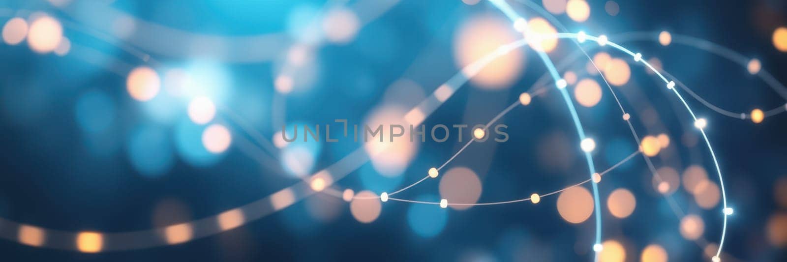 A blend of glowing lights and interconnected lines create a mesmerizing abstract pattern. The vivid blue background enhances the enchanting nighttime ambiance.